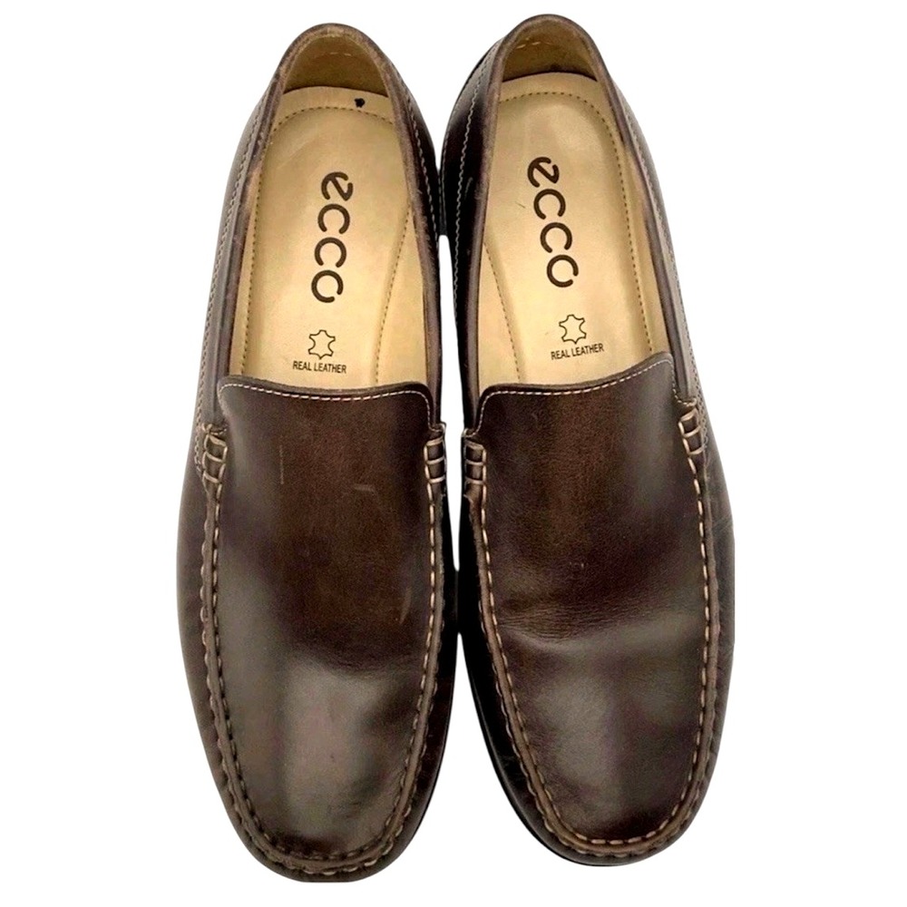 ECCO Leather Driving Loafers Mens Size 9.5 EU 43 Brown Moc Toe Slip On Comfort